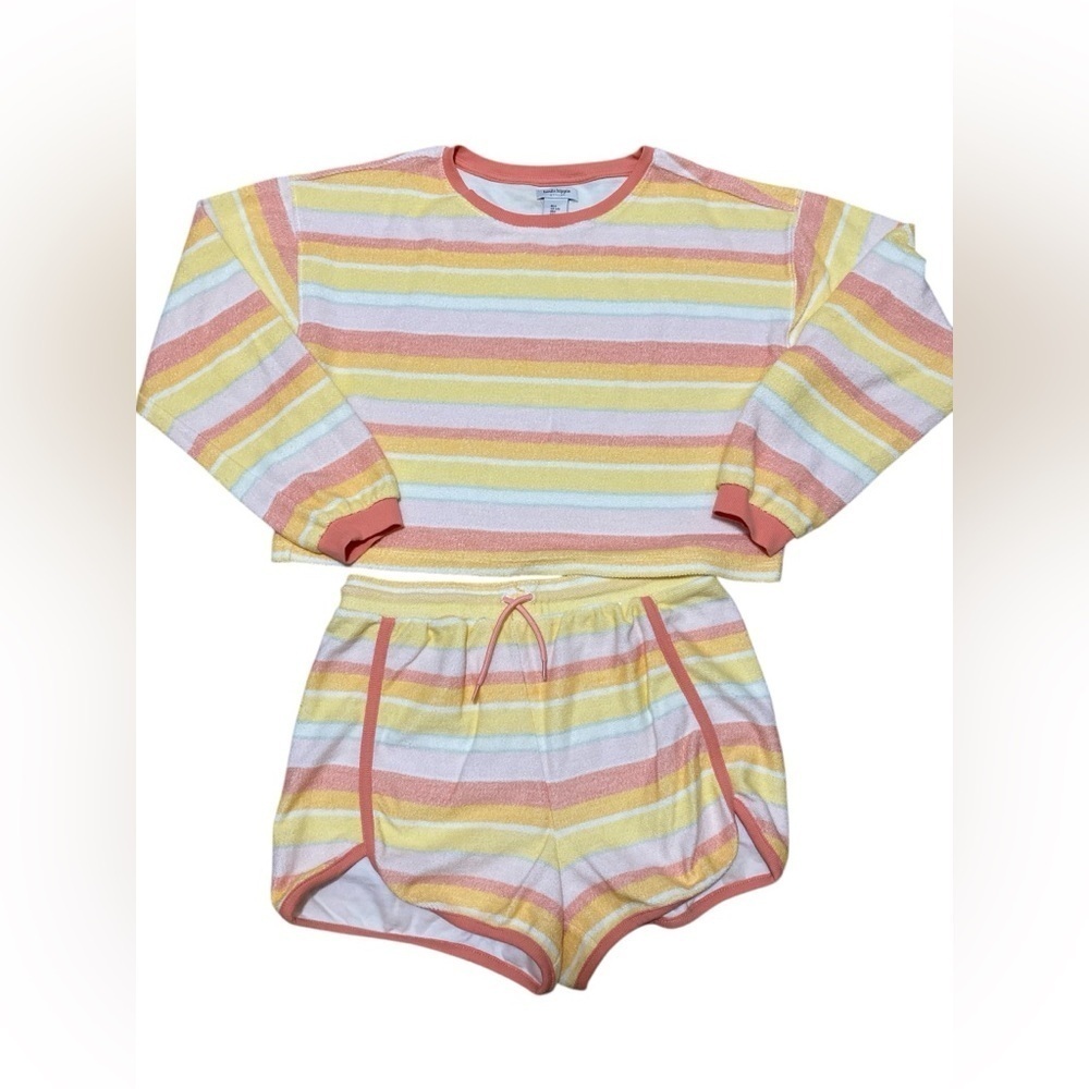 Haute Hippie Kids Terry Cloth Pajama Lounge Set, Pastel Stripes, Size Large.